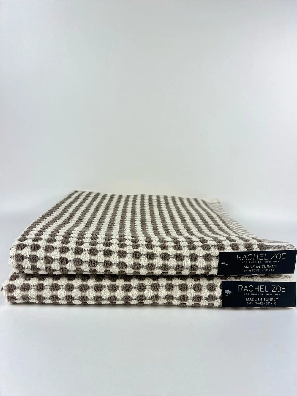 Rachel Zoe Bath Towel Set Brown & Cream Waffle Weave Soft Cotton 2 Pc Set NEW